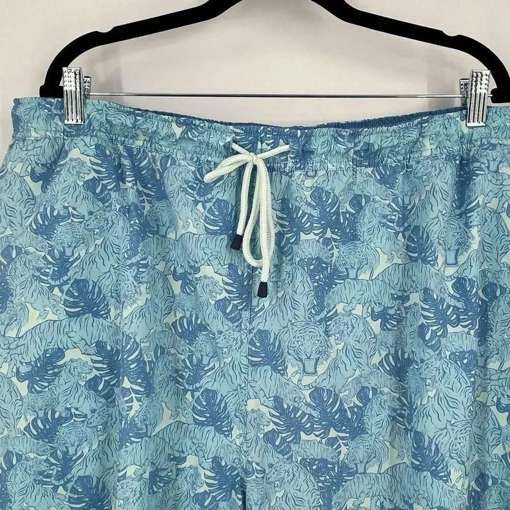 Peter Millar Men's Seascape Tiger Leaf Print Swim Trunk‎ Shorts Blue Size XXL 8”